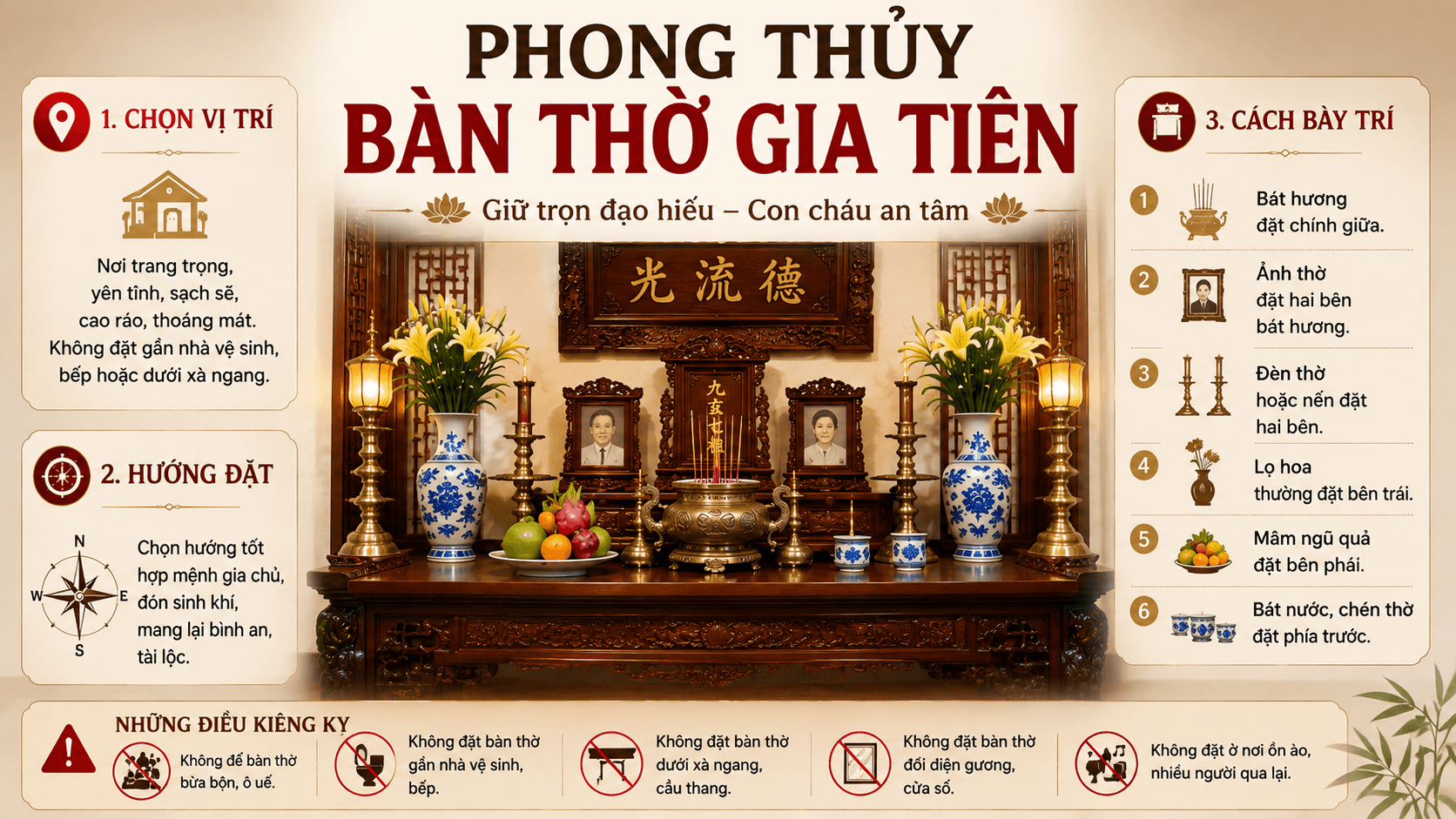 Phong Thủy Bàn Thờ Gia Tiên: Cách Bày Trí Đúng Chuẩn Để Con Cháu Được Phù Hộ